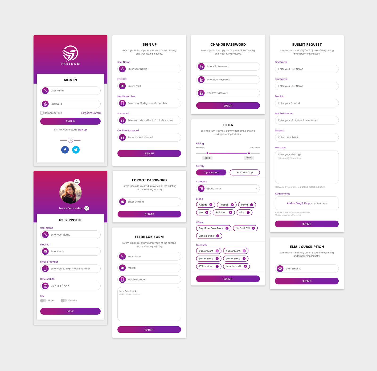 UI/UX design: a complete mobile app interface kit (sign-in, profile, forms, filters, and more).